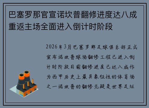 巴塞罗那官宣诺坎普翻修进度达八成重返主场全面进入倒计时阶段 巴塞罗那官宣诺坎普翻修进度达八成重返主场全面进入倒计时阶段