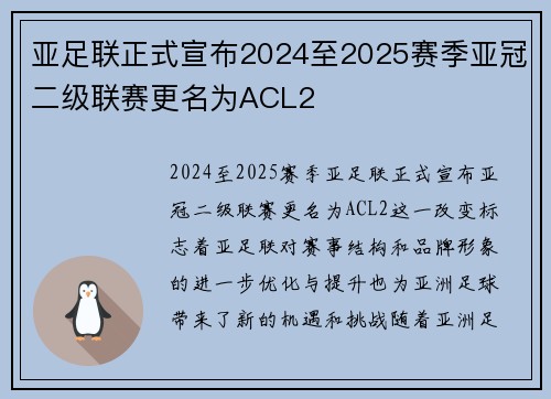 亚足联正式宣布2024至2025赛季亚冠二级联赛更名为ACL2